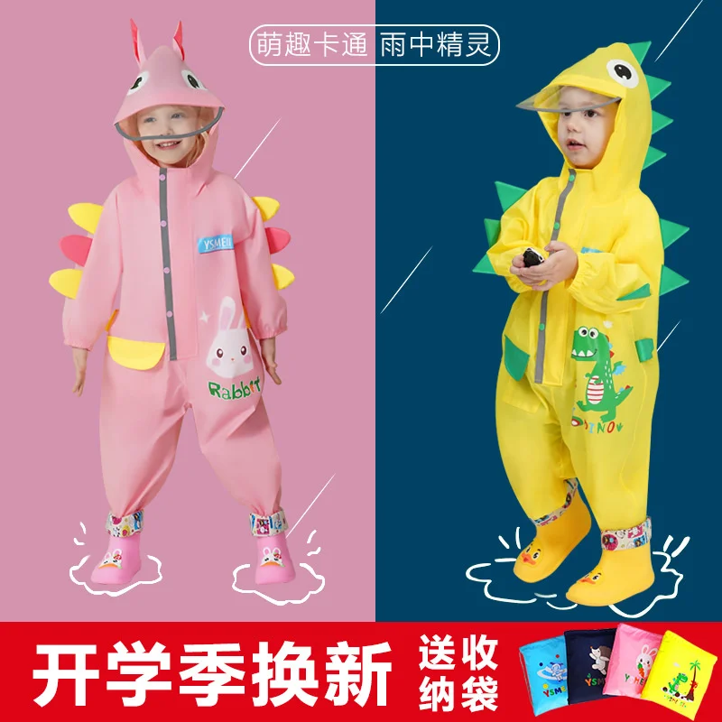 Children Raincoat Kids Boys Girls Waterproof Jumpsuit Hooded One-Piece Cartoon Dinosaur and Animal Baby Rainwear and Pants