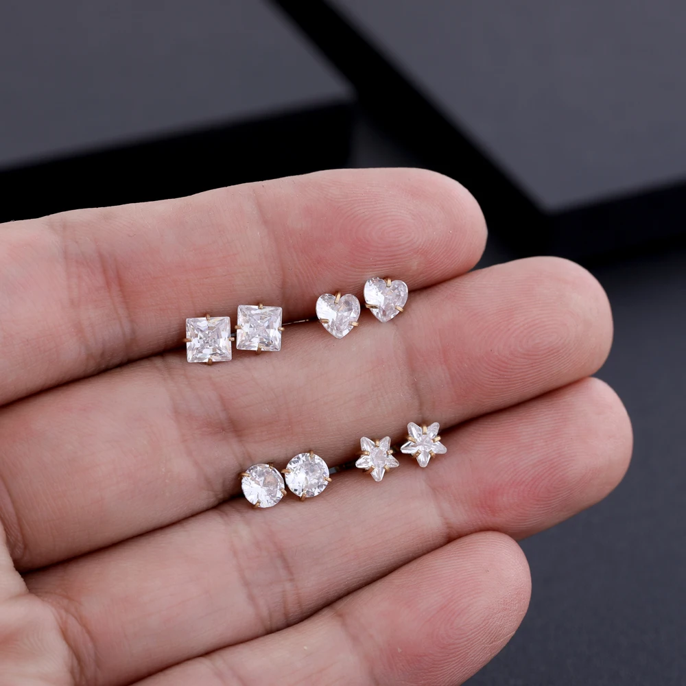 4Pairs Gold Color Heart Star Square-shaped Ear Studs Sets Stainless Steel Mini Earring Piercing Nose Studs Lip Rings Jewelry Lot