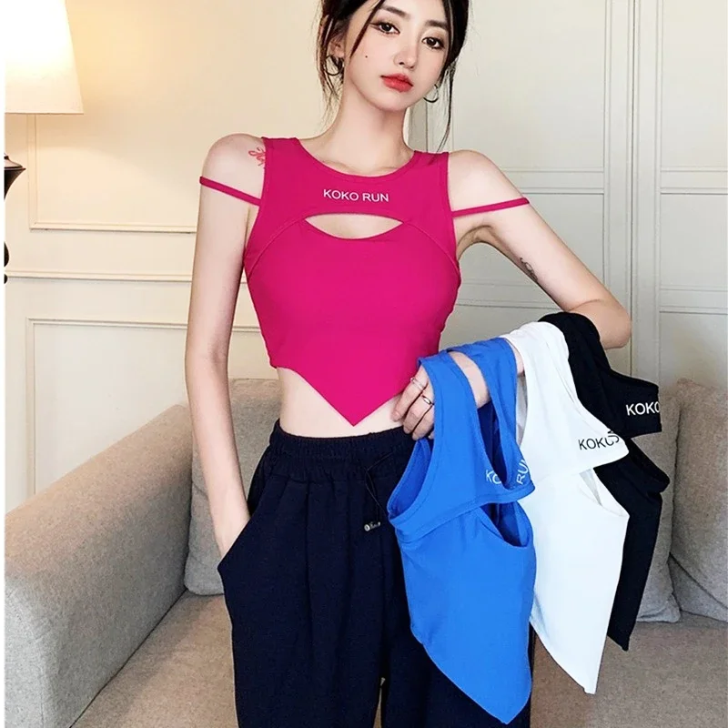 Casual Crop top donna maglia irregolare top Sexy scava fuori canotta finta due pezzi canotte con reggiseno Pad Summer Women Vest