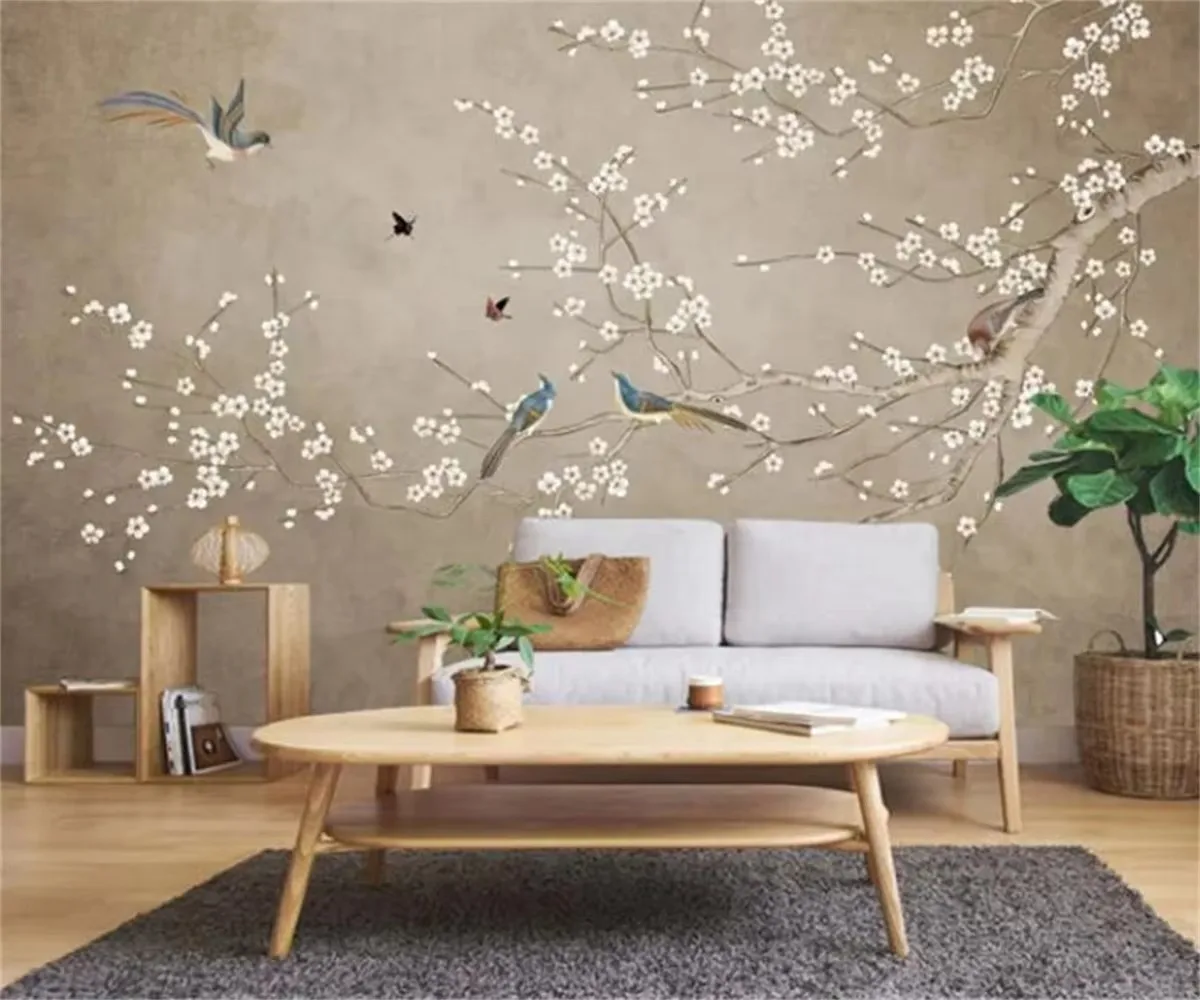 Customized Size Wallpaper, New Chinese Hand-Painted Flower and Bird Wallpaper Wall, Living Room Sofa Background Decoration Mural