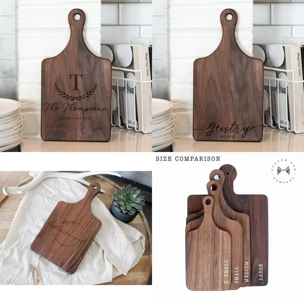 

handcrafted walnut charcuterie board with engraved handle for a 2024 home gift