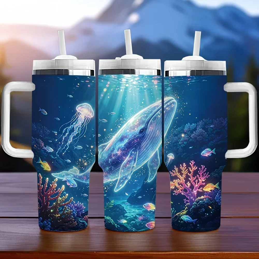 40Oz Insulated Tumbler with Handle, Undersea Whale Coral Fish Print, Long-Lasting Heat Preservation, Perfect Holiday Birthday Gift for All People, Suitable for Daily Use, Travel, And for all Kinds of Outdoor Activities