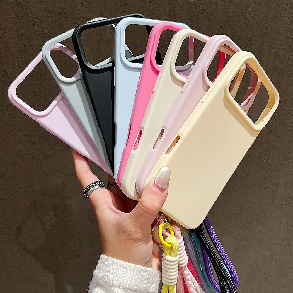 Pop Candy Color Matte Wrist Strap Phone Case For IPhone 17 16 Pro Max 15 14 13 12 11 Air Plus Colorful Lanyard Shockproof Soft C