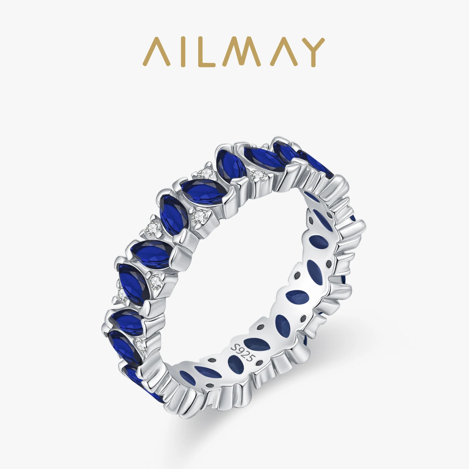 

Изысканное обручальное кольцо Ailmay из стерлингового серебра 925 пробы с синим цирконом в форме конского глаза, полностью инкрустированное цирконами, для женщин