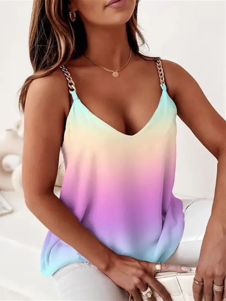 V-Ausschnitt, Buchstabendruck, Camisole mit Metallkettenriemen, locker geschnittenes, lässiges, ärmelloses Top, modisches Tanktop für den täglichen Gebrauch. – Detail 13