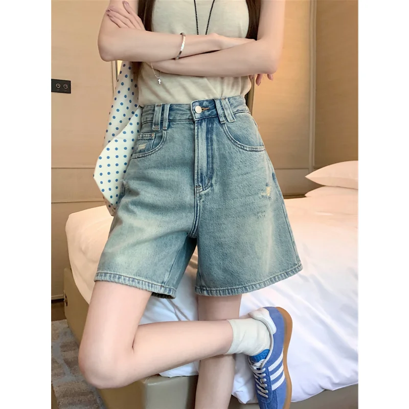 Blue Women's Shorts Jeans High Waist Straight Ripped Pants Streetwear Casual Vintage Female Wide Leg Denim Five Points Trouser