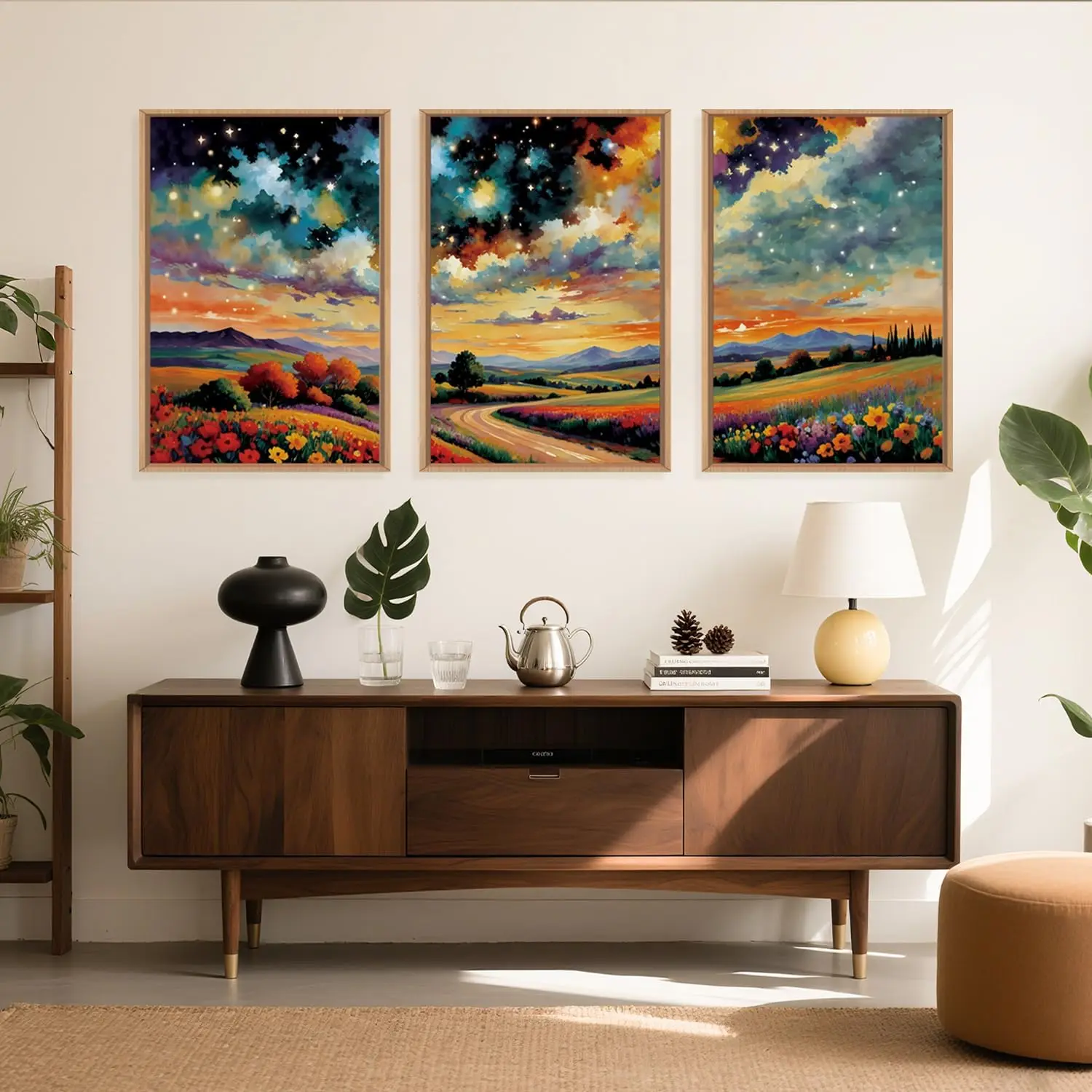 

3pcs Abstract Canvas Wall Art Colorful Starry Night Retro Wildflower Paintings Living Room Bedroom Dining Room Home Decoration