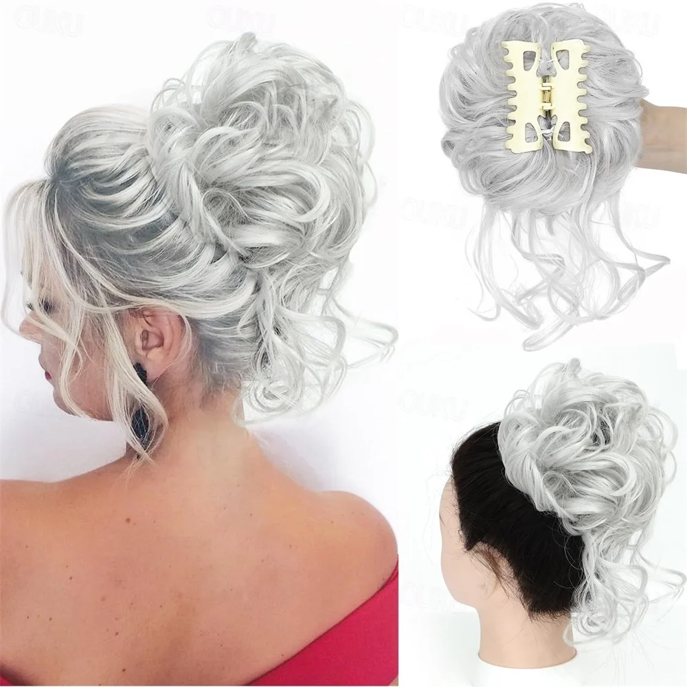 Synthetic Grey Messy Bun Hair Piece Hair Buns Tousled Updo Hair Bun Extensions Long Beard Clip Claw in Bun Hair pieces for Women