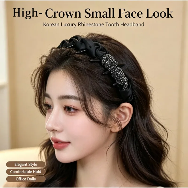 2026 Korean Style Fashion Wide Headband with Rhinestones, High-Crown Tooth Hair Hoop, Elegant Daily Hair Accessories for Women