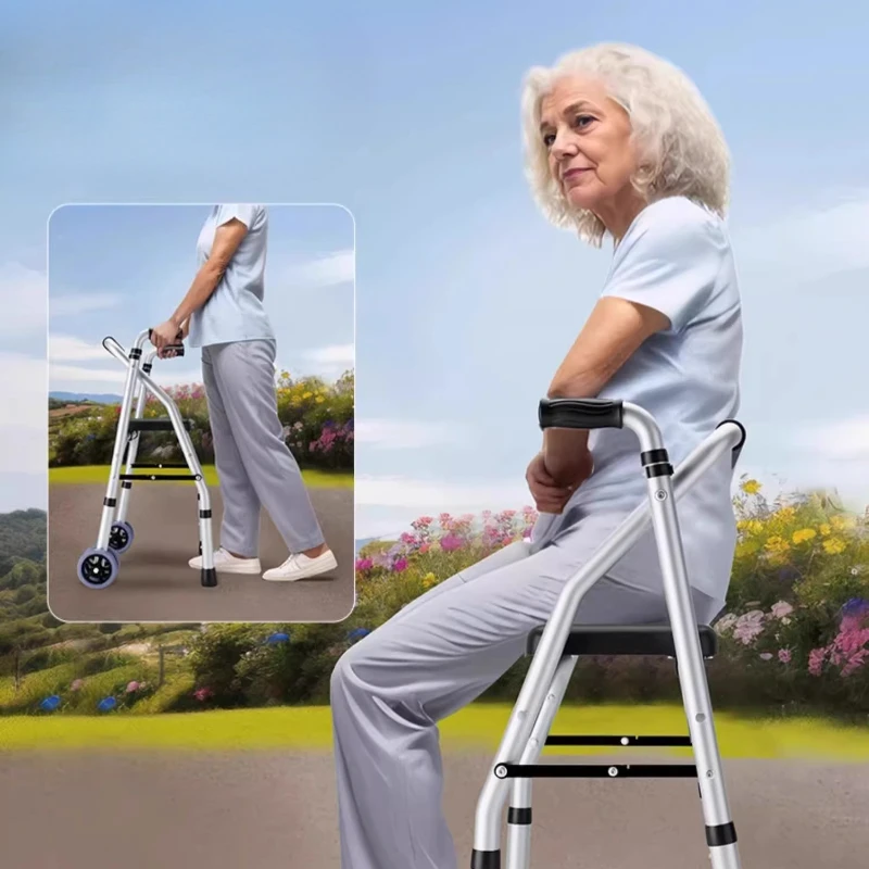 

Складные ходунки для мобильности с сиденьем, помощь для ходьбы пожилых людей, регулируемая высота, водонепроницаемая подушка, прочная рама из сплава