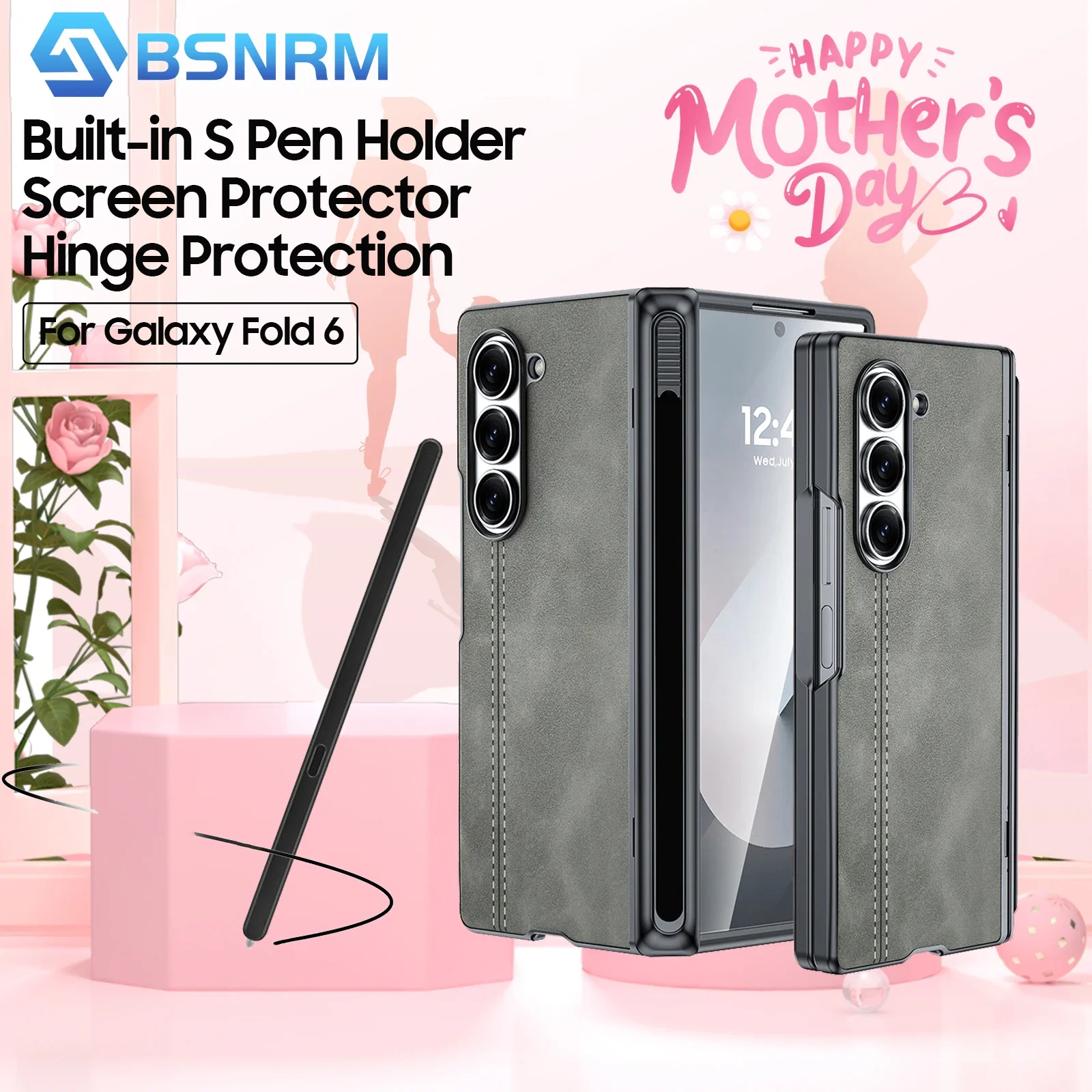 

Серый чехол для телефона Z Fold 6, искусственная кожа с держателем для ручки S — защита от петли и экрана для Samsung Z Fold 6