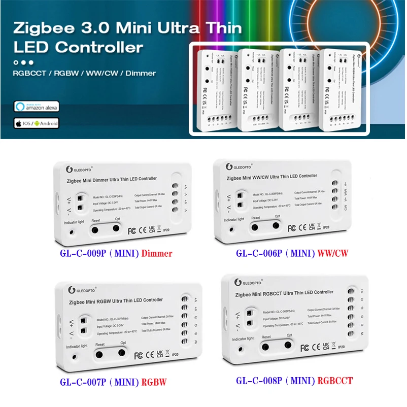 

Gledopto Zigbee 3.0 Ultra Thin Mini RGBCCT/RGBW/WWCW/Dimmer LED Controller DC5-24V