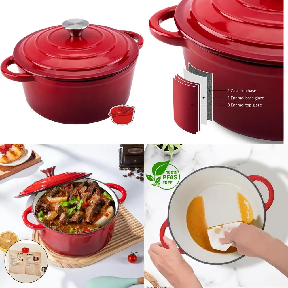 

Чугунная эмалированная жаровня (голландская печь) повышенной прочности, 4-кварцевая, красная, с крышкой, для выпечки, тушения, приготовления рагу и запекания, до 500°C ° Ф