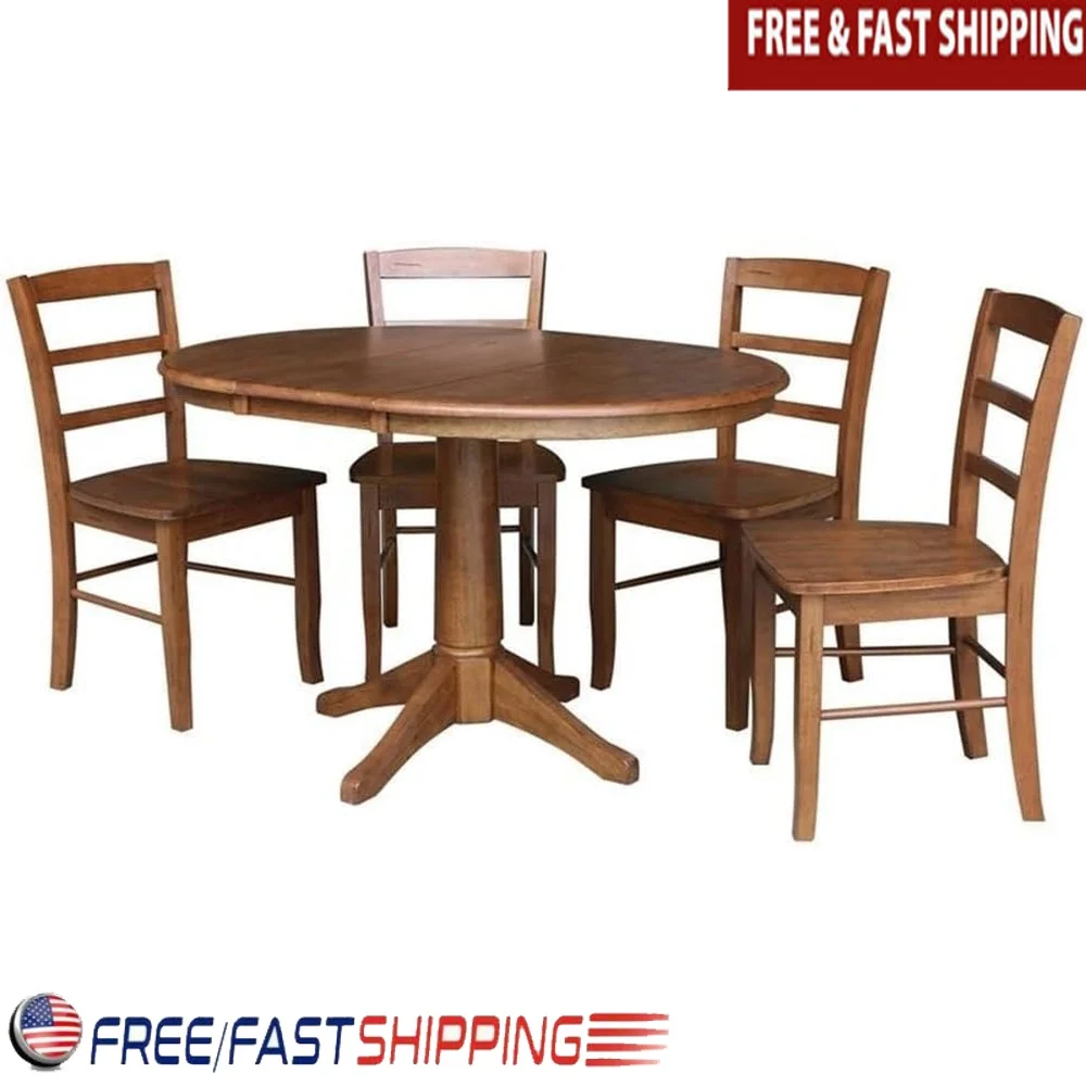 

36in Round Extension Dining Table with Leaf and 4 Chairs Solid Hardwood Distressed Oak Sets Residential Use Assembly Required