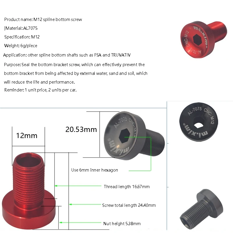 Mi.Xim 2Pcs Bicycle Bottom Bracket M12 Crankset Screw MTB Road Bike Crankset Crank Arm Fixing Bolts Bike Screws