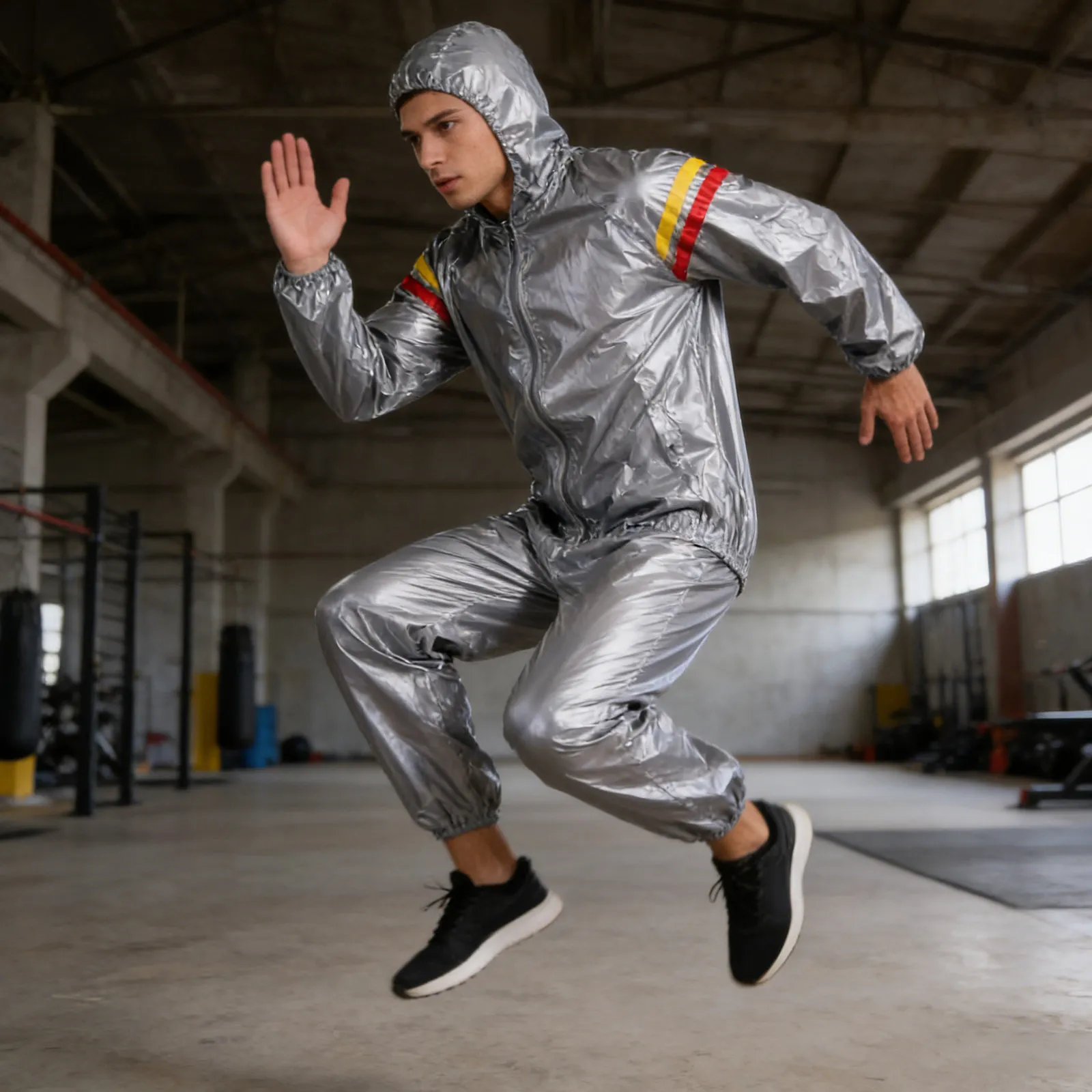 1Set Women Sauna Sweat Suit Set Full Body Fitness Workout Tracksuit Elastic Cuff Waist Ankle for Gym Home Cardio Fat Burning