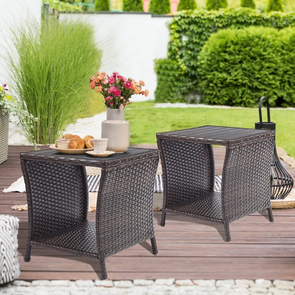 

Outdoor Patio Side Table Set of 2 Small Brown Wicker Rattan End for Outside Storage Coffee with Poly Lumber To