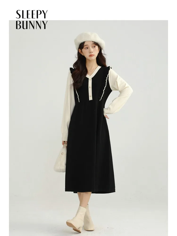 

Contrast Patchwork Dress Women Fake Two Piece Doll Collar A-Line Dress Winter French Style Casual Elegant Sweet Slim Outfits