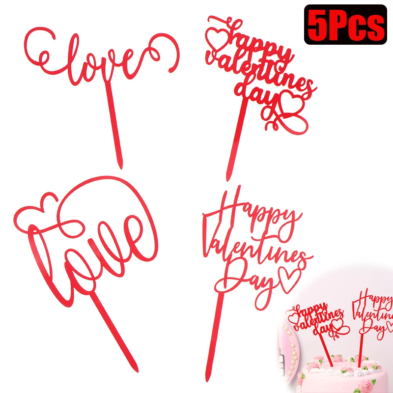 5Pcs Valentine’s Day Plastic Cupcake Topper Red Love Letter Cake Decor Happy Party Decor For Home 2025 Celebrate February 14