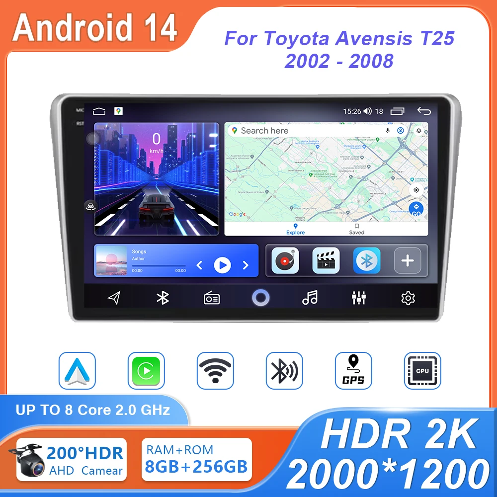 DVD Carplay Android راديو السيارة التلقائي لتويوتا أفينسيس T25 2002 2003 2004 2005 2006 2007 2008 نظام تحديد المواقع Autoradio 4G WiFi DSP RDS QLED #1