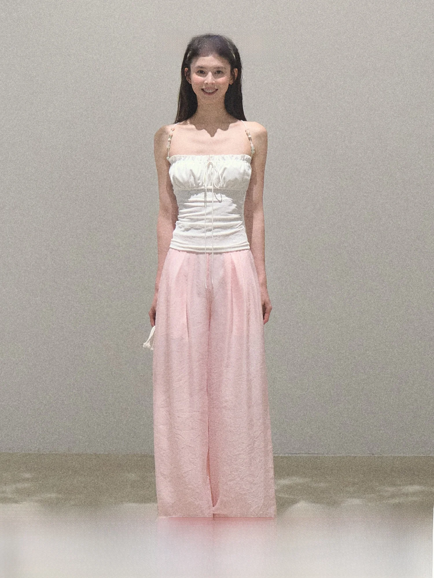 

OAKMOO Casual Wide Leg Pants Pearl Wrinkle Texture Simple High Waist Length Polyester Blend Summer Faion Ladies Trousers