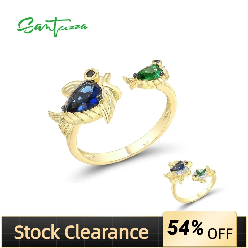 

SANTUZZA Pure 925 Sterling Silver Rings For Women Sparkling Blue Green Stones Black Spinel Fish Adjustable Ring Fine Jewelry