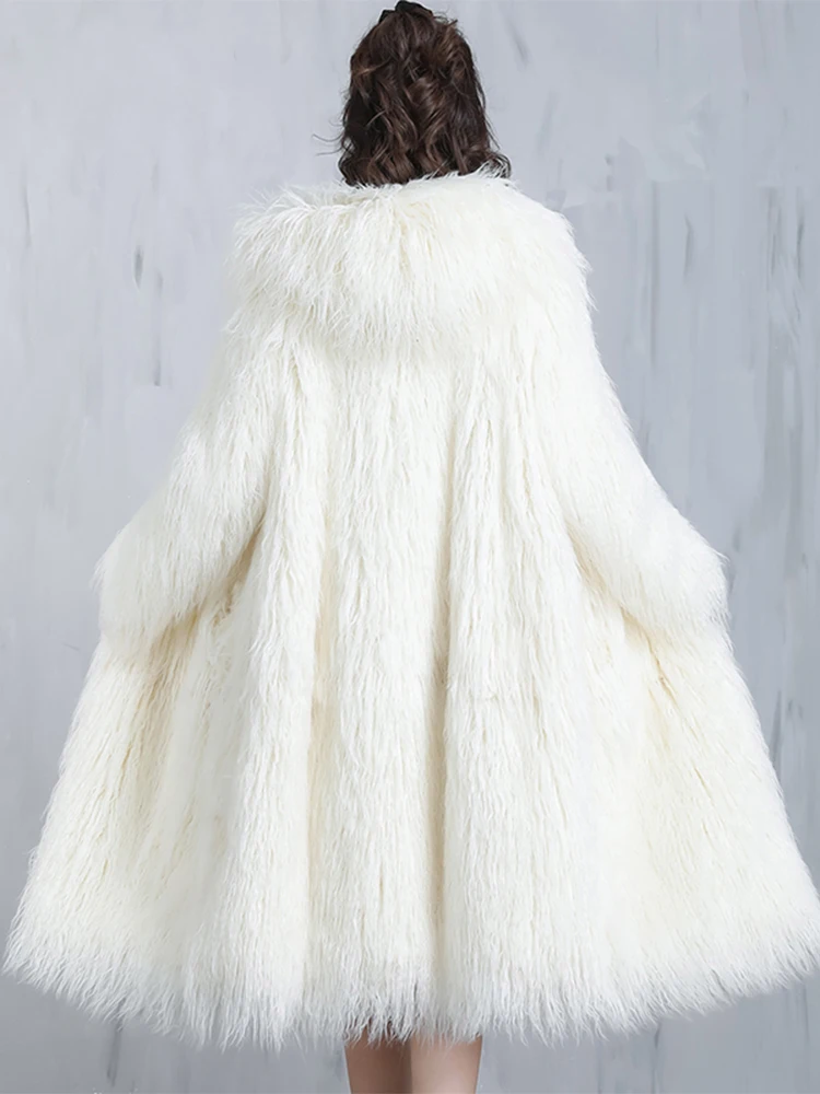 Nerazzurri Winter White Black Thick Warm Loose Shaggy Hairy Faux Fur Cocoon Coat Women with Hood Long Sleeve Korean Fashion 2021