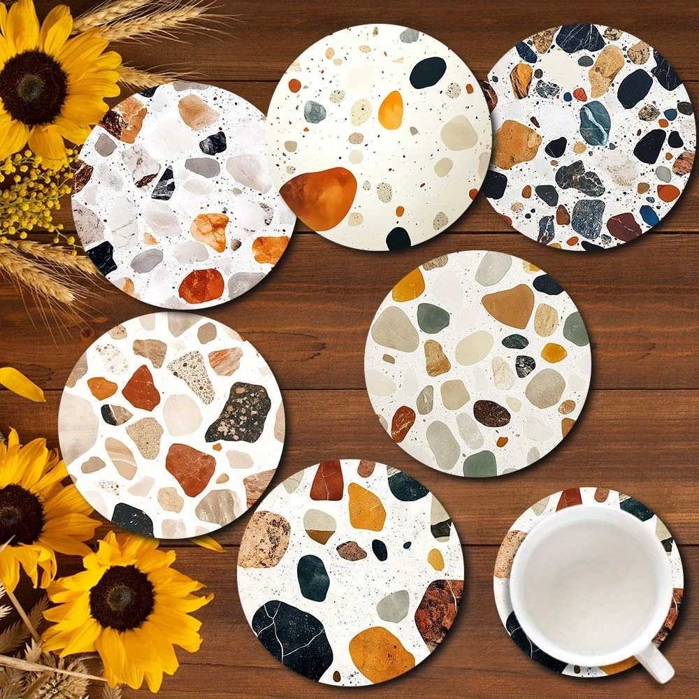 6 Pieces 2D Wooden Coasters Printed Stone Pattern Theme Desktop Insulation Mats Home Decor Coffee Cup Coasters Office - view 2