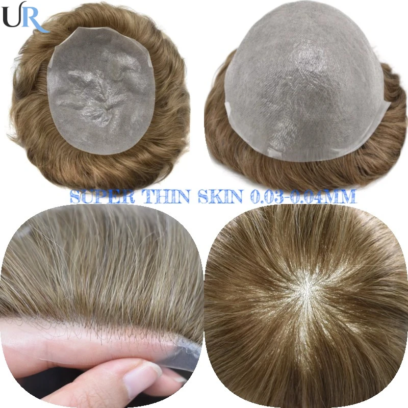 Ultra Thin Skin Men's Hair Systems 0.03-0.04mm V-Loop Full PU Men Toupee Wigs For Men 90% Density Breathable Human Hair System