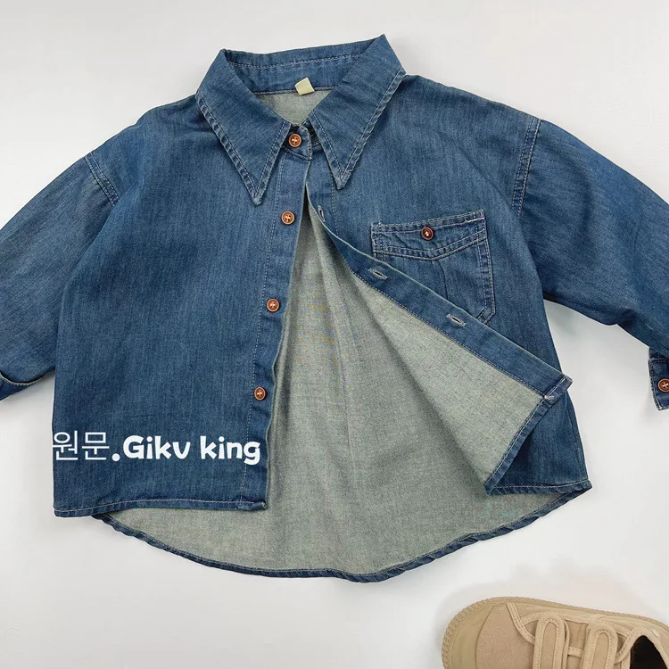 Korean Childrens Boys Denim Shirt 2025 Autumn New Long Sleeved Solid Pocket Loose Baby Boys Cardigan Top Kids Boys Jacket