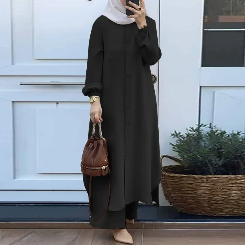 Islamic Clothing for Women Fashion Two-Pieces Muslim Set Women Suits Temperament Solid Long-sleeved Long Shirt+ Wide Leg Pants