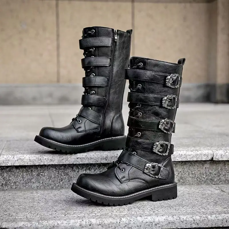 

italian brand designer high boots for men fashion natural leather shoes punk rock cowboy platform boot long motorcycle botas man