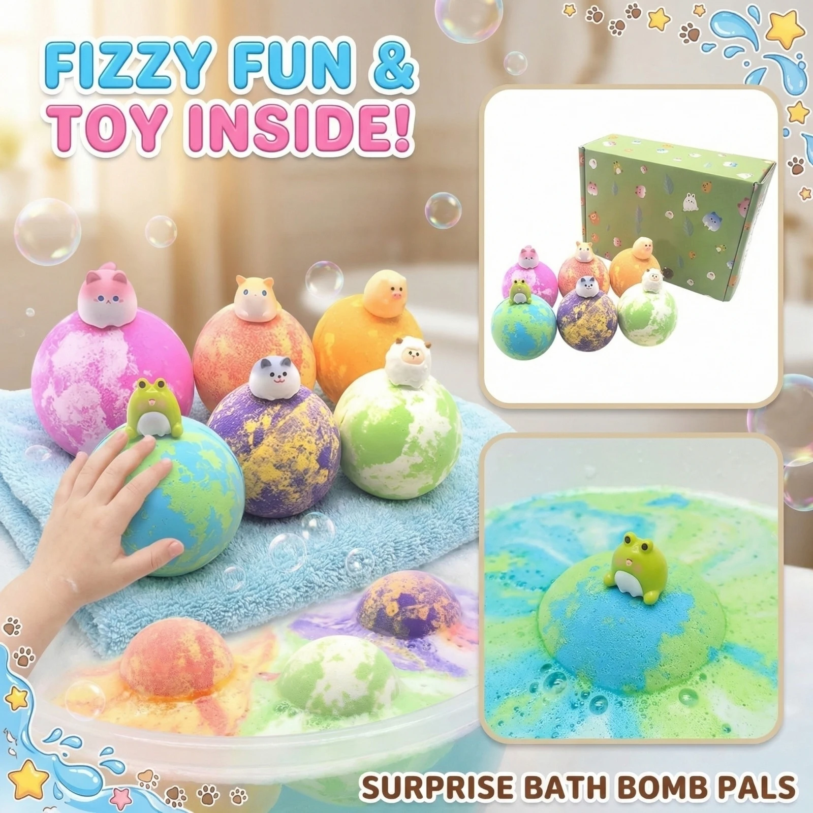 キッズサプライズバスボム-6個入り-ぽっちゃり可愛い動物おもちゃギフトセット-天然エッセンシャルオイル配合-長続きする香り-肌に潤いを与える