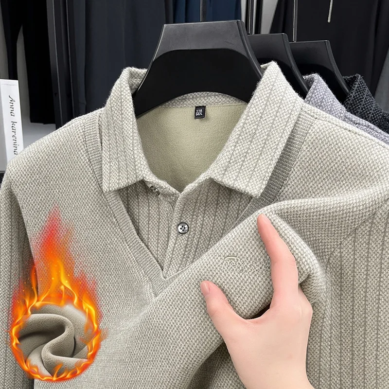 

Мужской вязаный свитер из искусственного двух частей Thiened Fce, теплый базовый слой, повседневный длинный свек, откидной воротник, полосатый узор