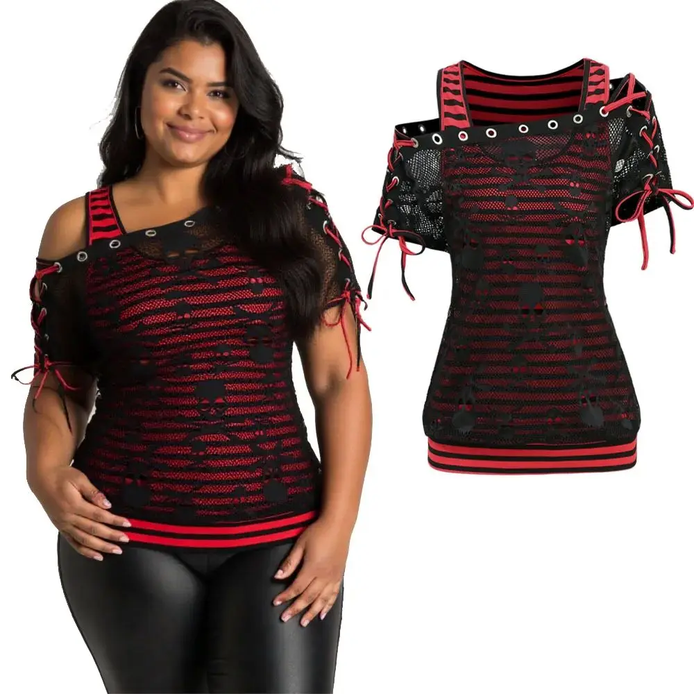 

Gothic Tirt for Women Skull Finet Overlay Lace up Cleanfit Sle A-Line Sve Linen Material Ladies Faion T-irt