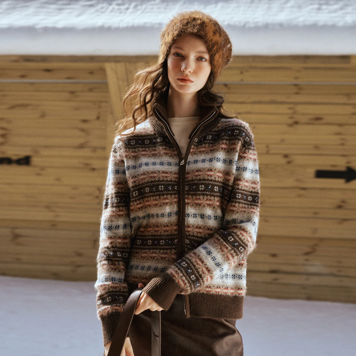 เสื้อคาร์ดิแกนถักลายแจ็คการ์ด OLrain สำหรับผู้หญิง สไตล์วินเทจ ลายทาง ซิปหน้า เสื้อกันหนาว ฤดูหนาว 2025 คอตั้ง ถักนิตติ้ง เสื้อจั๊มเปอร์ผู้หญิง รุ่น WO57DM003639
