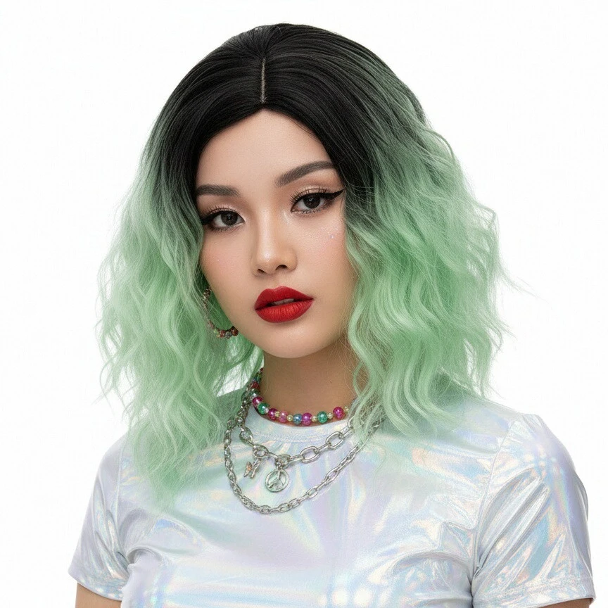 

Женский короткий волнистый черный мелированный зеленый термостойкий парик Лолиты, синтетический парик средней части для вечеринки, повседневного косплея