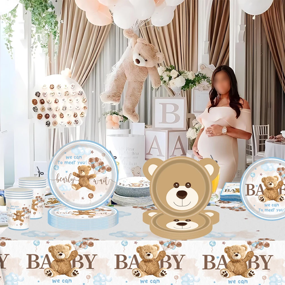 Cartoon-Bären Einweggeschirr Teller Servietten Banner We Can Bearly Wait Babyparty-Zubehör Kinder Bären-Geburtstagsparty-Dekorationen – Detail 2