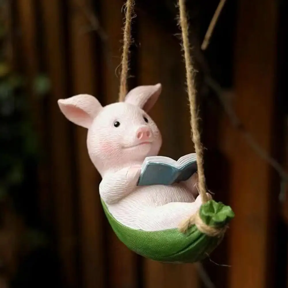 Hanging Book Reading Pig Hanging Pig Decoration Hanging Resin Pig Figurine Ornament Cute Piggy Lying Hammock for Indoor