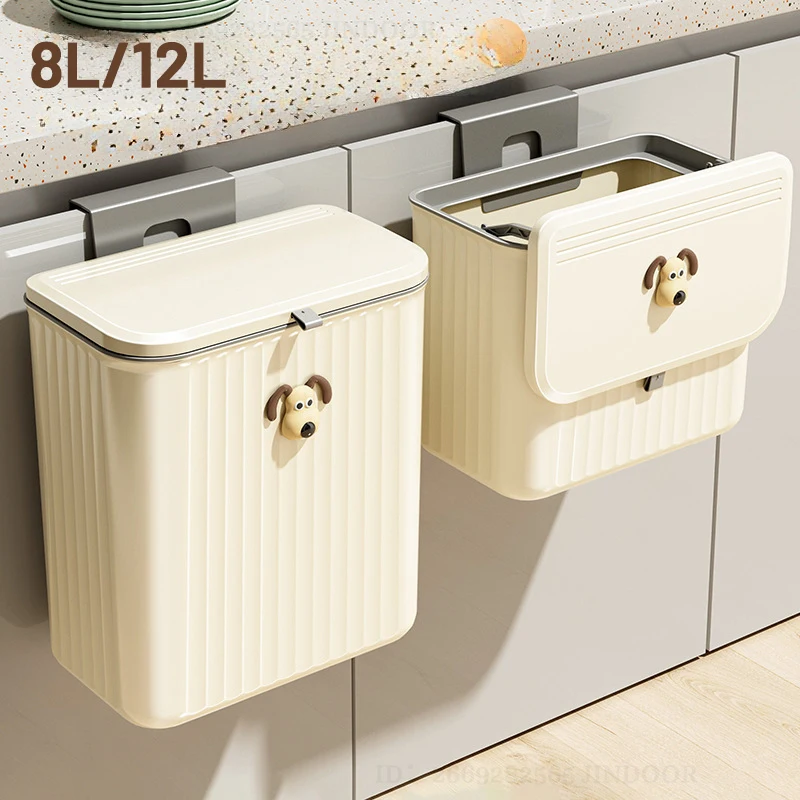 

8L/12L Kitchen Trash Can with Lid, Wall-mounted Home Kitchen Waste Storage Paper Basket, Cute Dog, Living Room Toilet Trash Bin