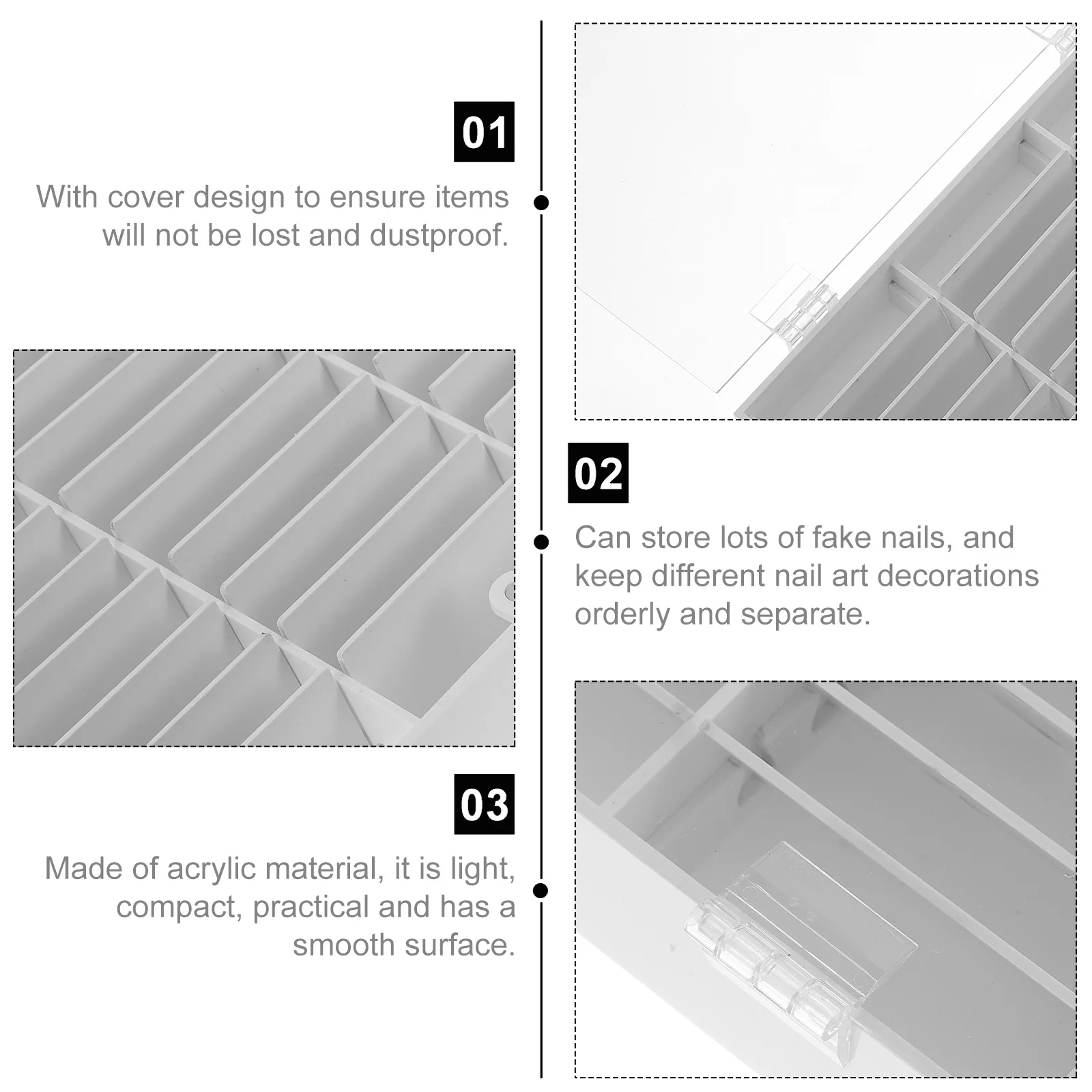 

Acrylic Nail Art Display Box for False Nails Organizer Containers Press On Holder Clear White Storage Solutions
