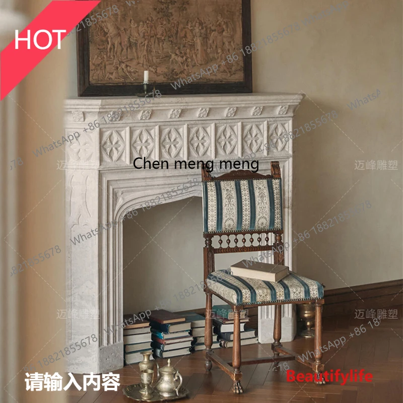A07 Marble fireplace French retro lattice travertine fireplace living room natural stone mantel