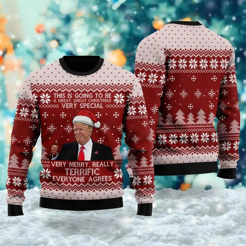 Funny Trump Graphic Sweatshirt For Men Fashion Trend Holiday Xmas Crew Neck Ugly Christmas Sweater Loose Streetwear Pullovers