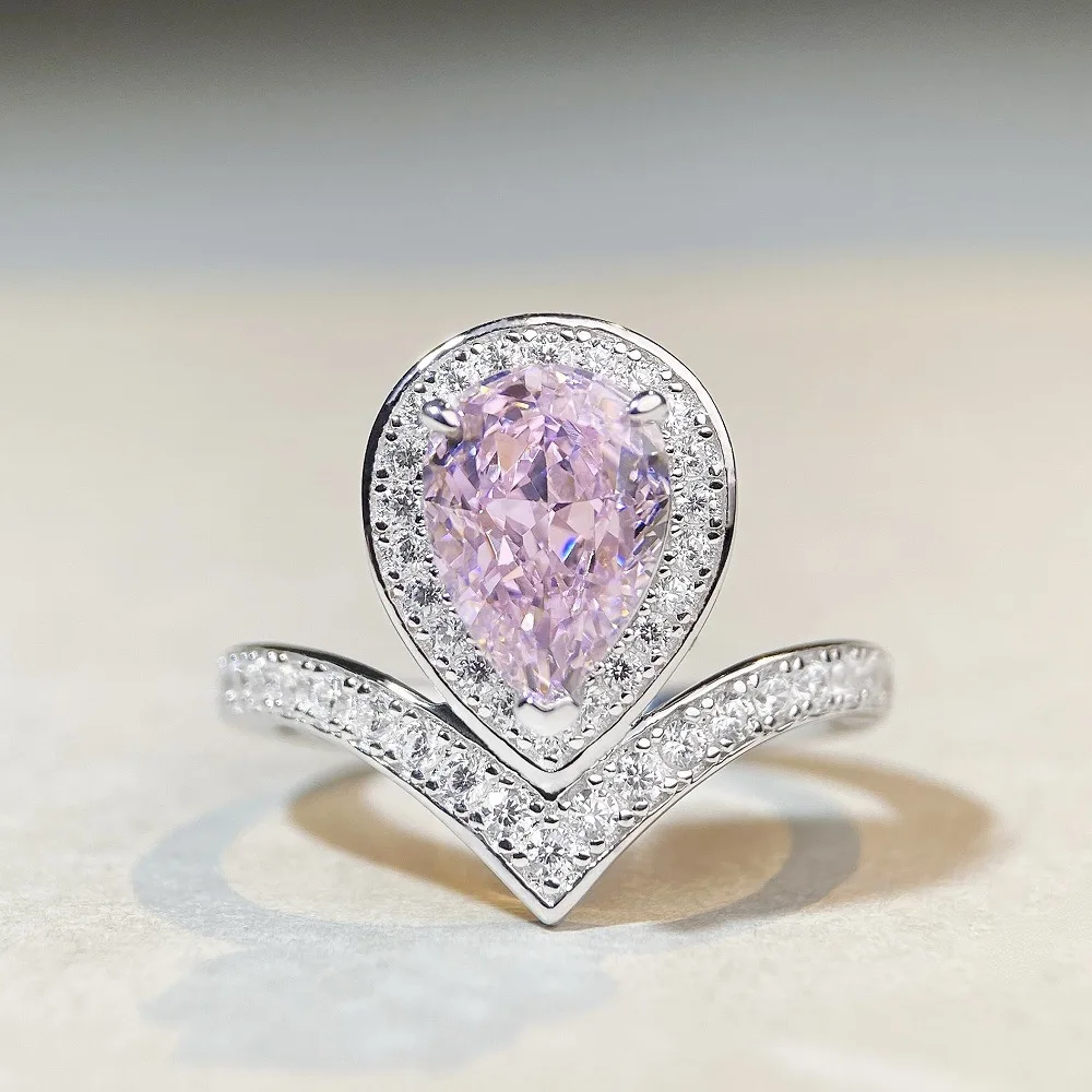

925 Sterling Silver Water Droplet Ring with Full Diamond V-shaped Ring, European and American Cross-border High-end Ring