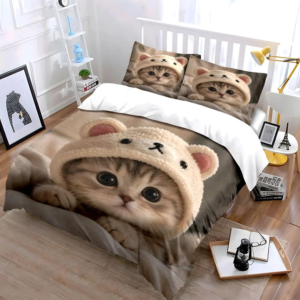 Cute cat with bear-ear hat Print Soft Comfortable Duvet Cover Bedding Set Included 1*Duvet Cover 2*Pillowcases Luxury Gift