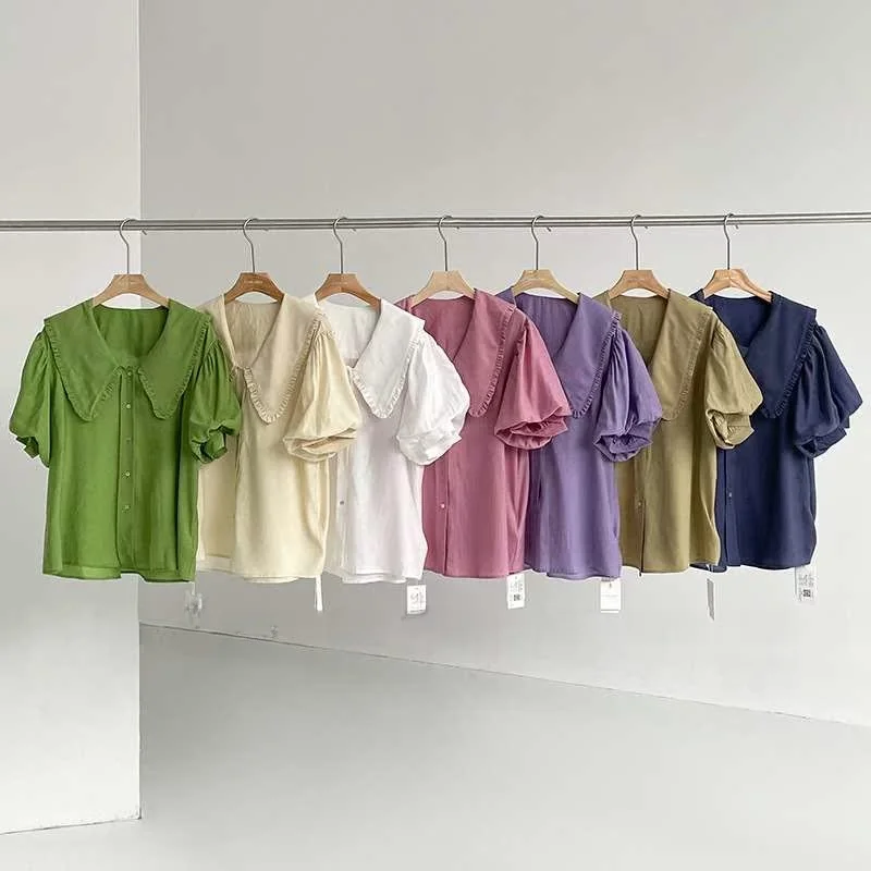 

Summer New Women's Faion irt Agereducing Puff SVE Doll Collar ort Sve Pure Color Polyester Fiber 00% Bubble Sve