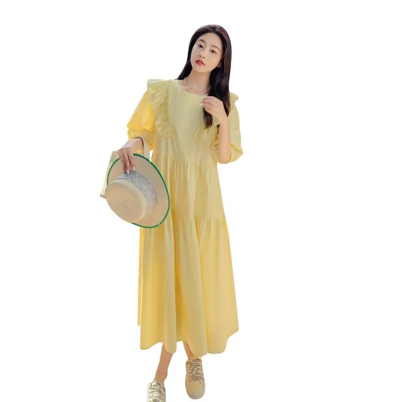 Summer Korean Pleated Solid Color O-neck Puff Sleeve Midi Dress Femme Sweet Patchwork Loose Casual Dresses Women Clothing Dress