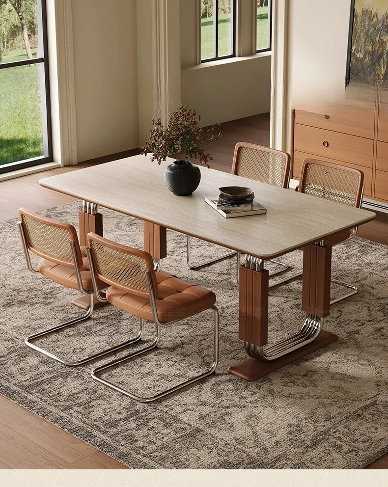 Mesa de comedor de losa de roca de travertino personalizable, sala de estar rectangular, roca de madera maciza retro