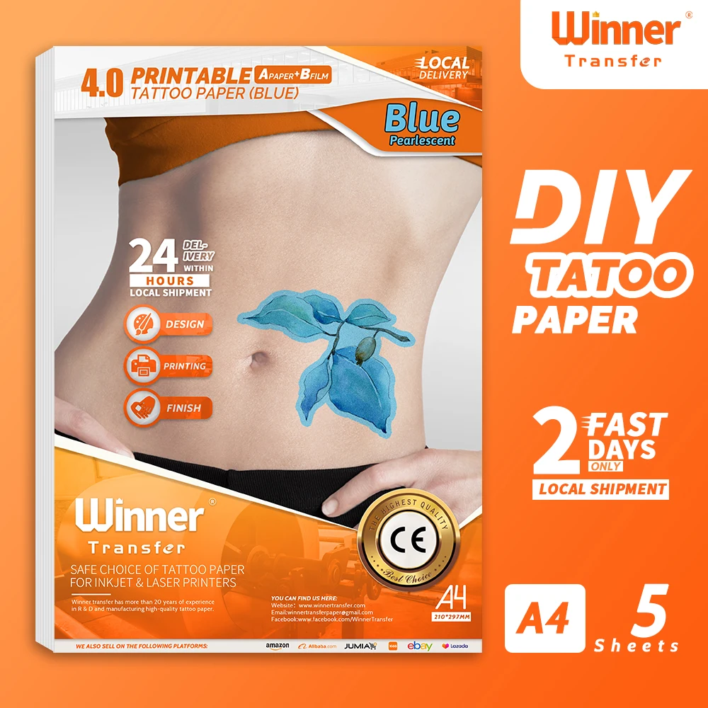 WinnerTransfer Druckbare Temporäre Tattoos Blau Transfer Papier Tattoo Haut Tattoo Print Papier für Inkjet oder Laser Drucker