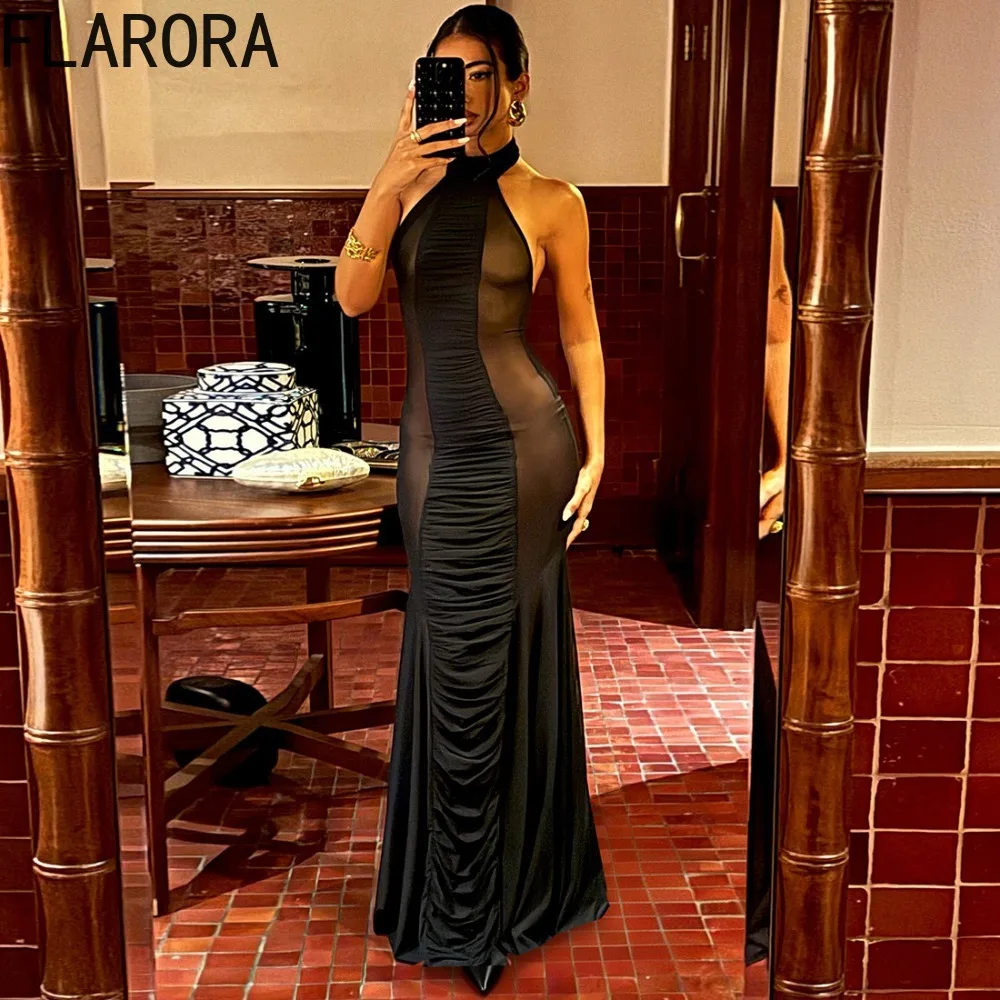 

FLARORA Sexy Mesh Patchwork See Through Gown Dress Woman Halter Off Shoulder Backless Midnight Prom Party Elegant Long Bodycon